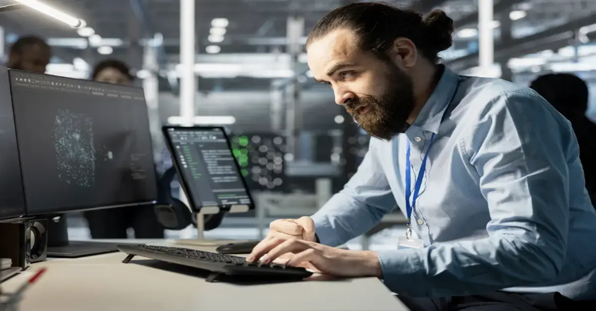 Application security engineer analysing cybersecurity data on multiple monitors in modern office